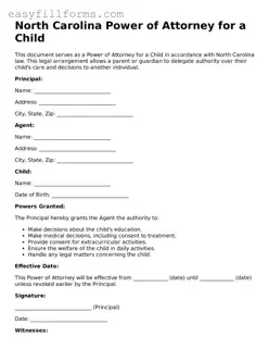 Valid  Power of Attorney for a Child Template for North Carolina