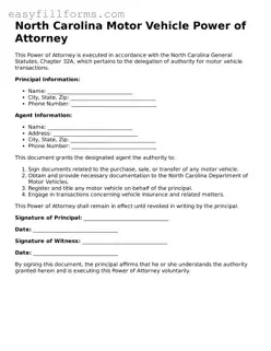 Valid  Motor Vehicle Power of Attorney Template for North Carolina