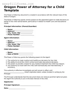 Valid  Power of Attorney for a Child Template for Oregon