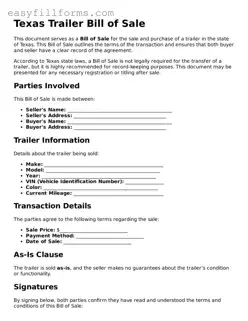 Valid  Trailer Bill of Sale Template for Texas