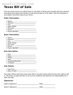 Valid  Bill of Sale Template for Texas