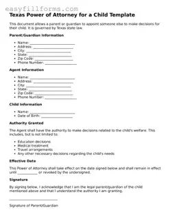 Valid  Power of Attorney for a Child Template for Texas