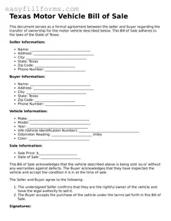 Valid  Motor Vehicle Bill of Sale Template for Texas
