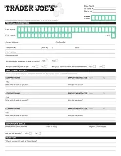 Printable Trader Joe's application Form