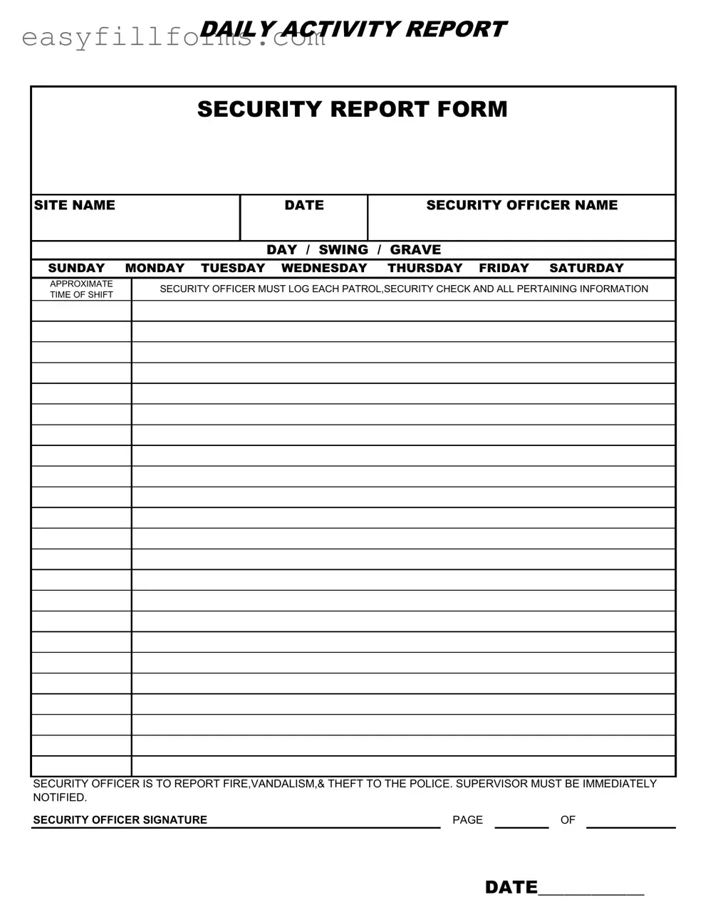 Printable Security Guard Daily Report Sample Form