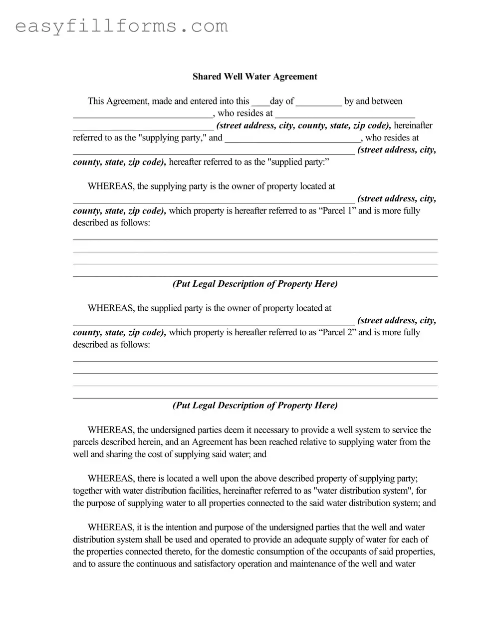 Printable Shared Well Agreement Form