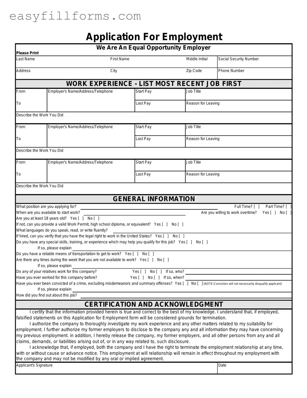 Printable Spanish Application Employment Form