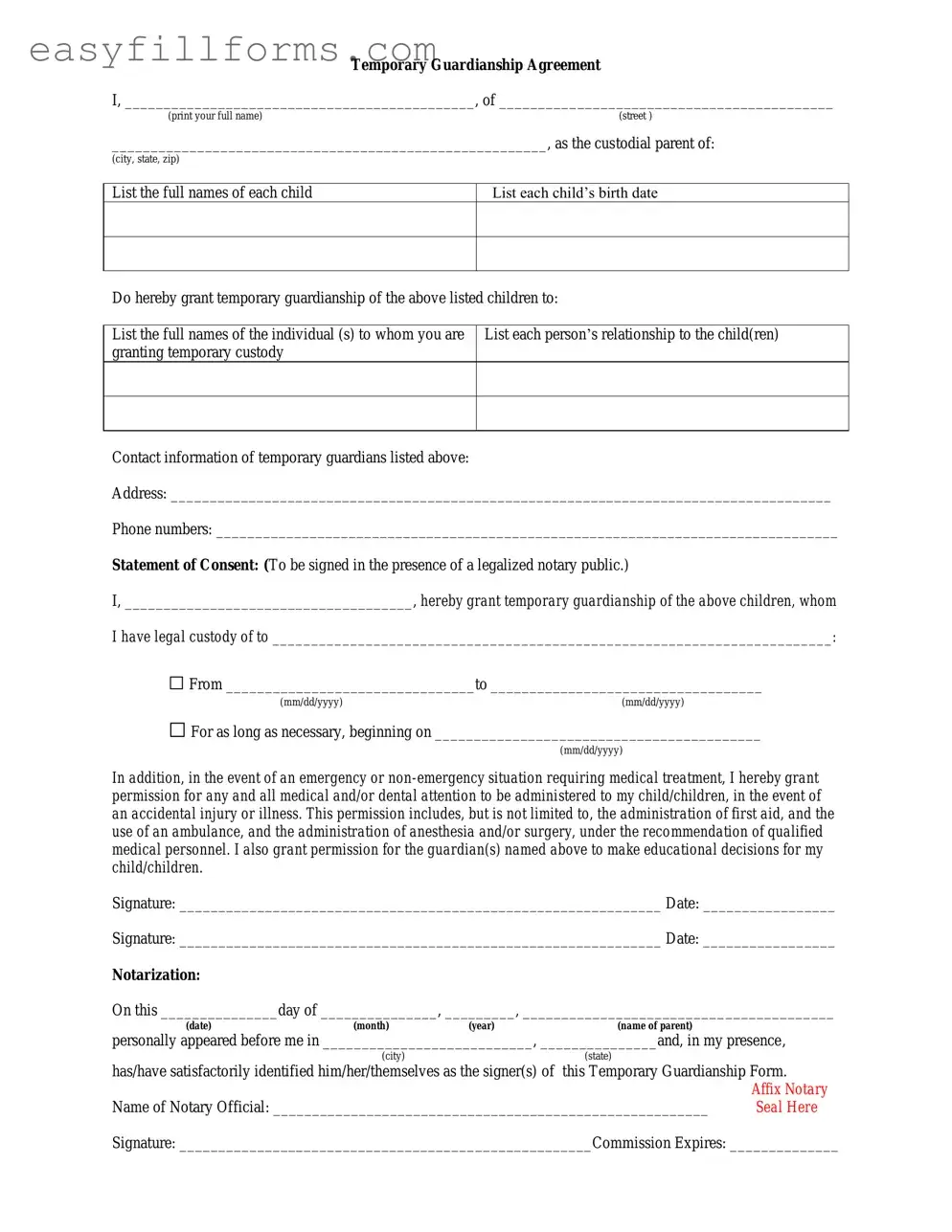 Printable Temporary Custody Form
