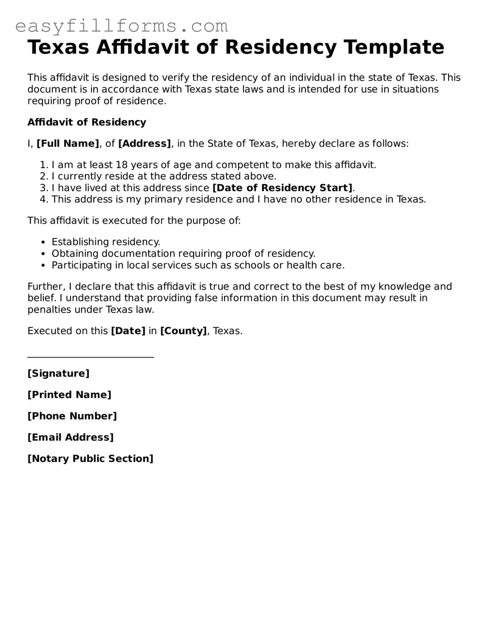 Valid  Affidavit of Residency Template for Texas