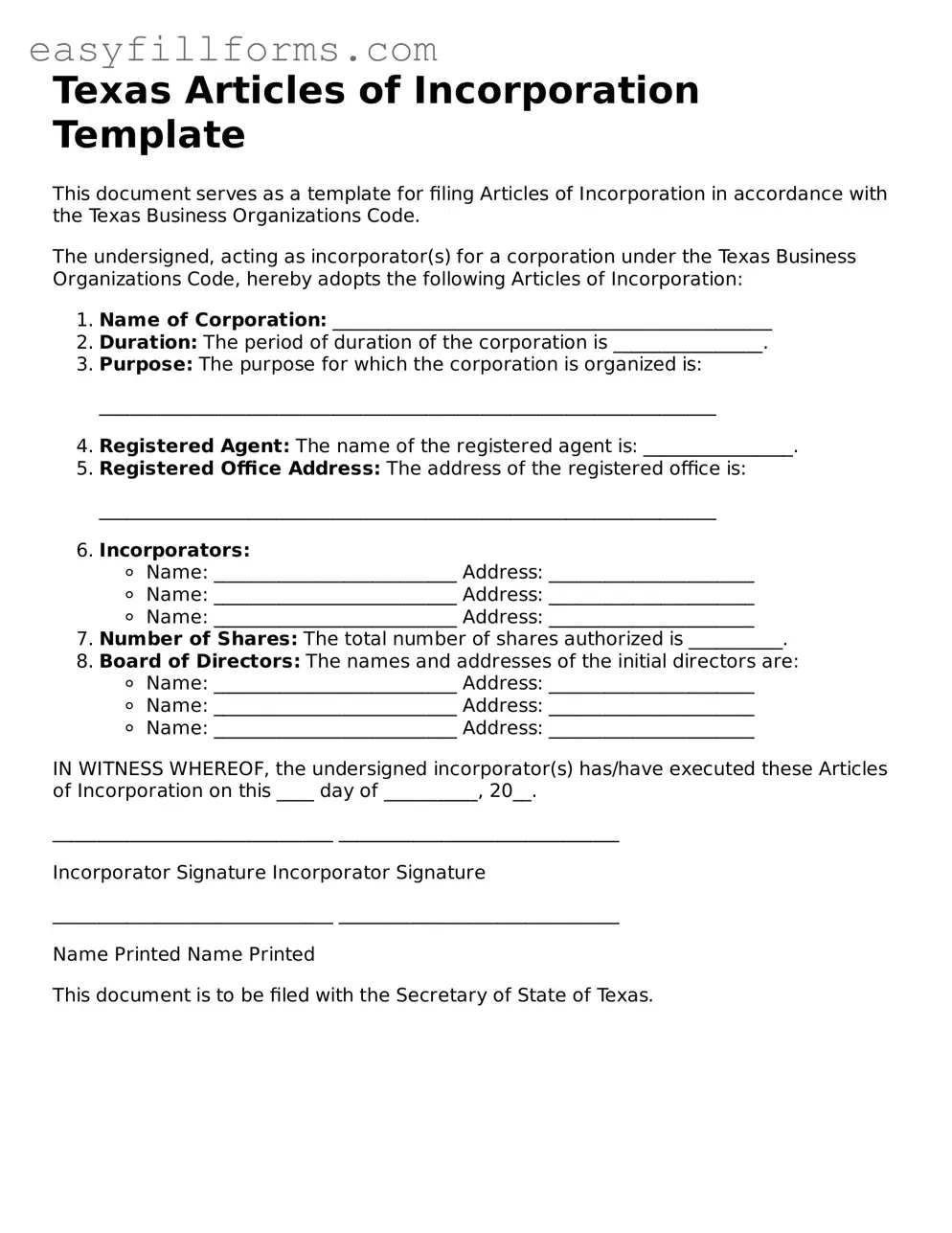Valid  Articles of Incorporation Template for Texas