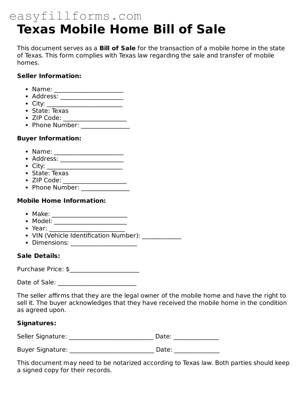 Valid  Mobile Home Bill of Sale Template for Texas