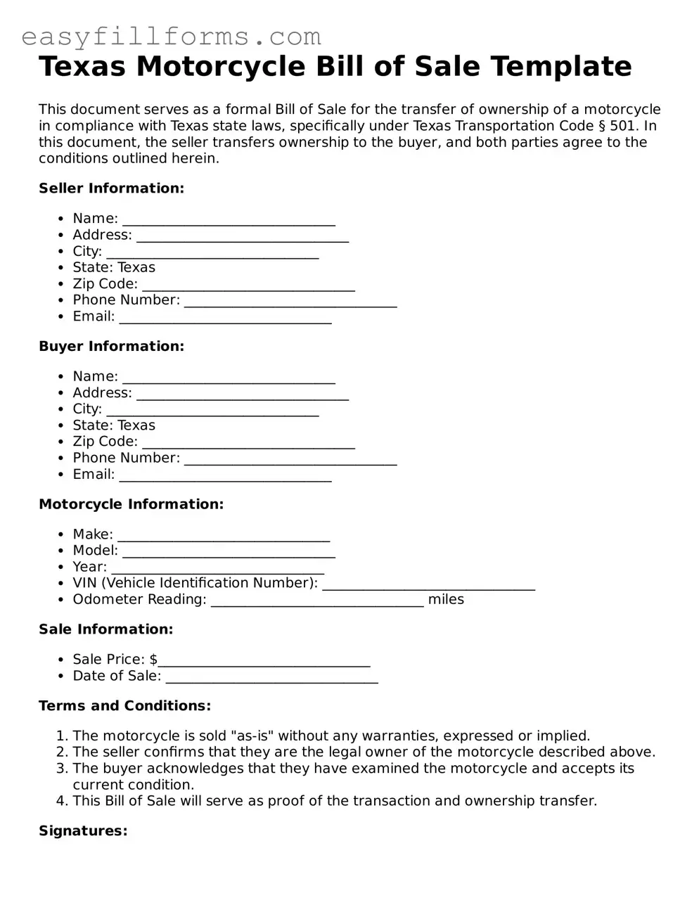 Valid  Motorcycle Bill of Sale Template for Texas