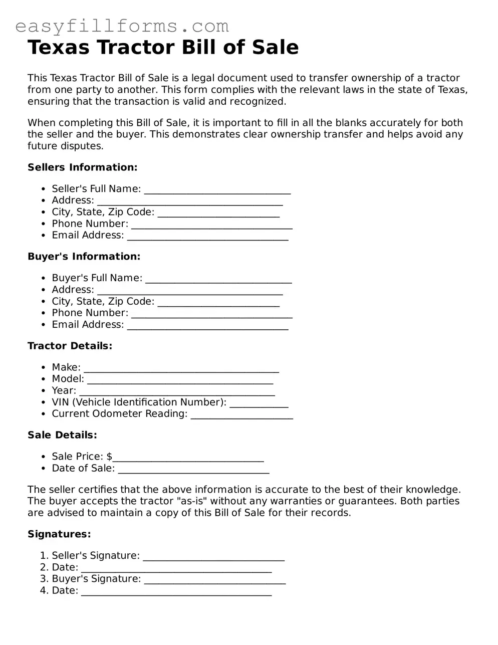 Valid  Tractor Bill of Sale Template for Texas