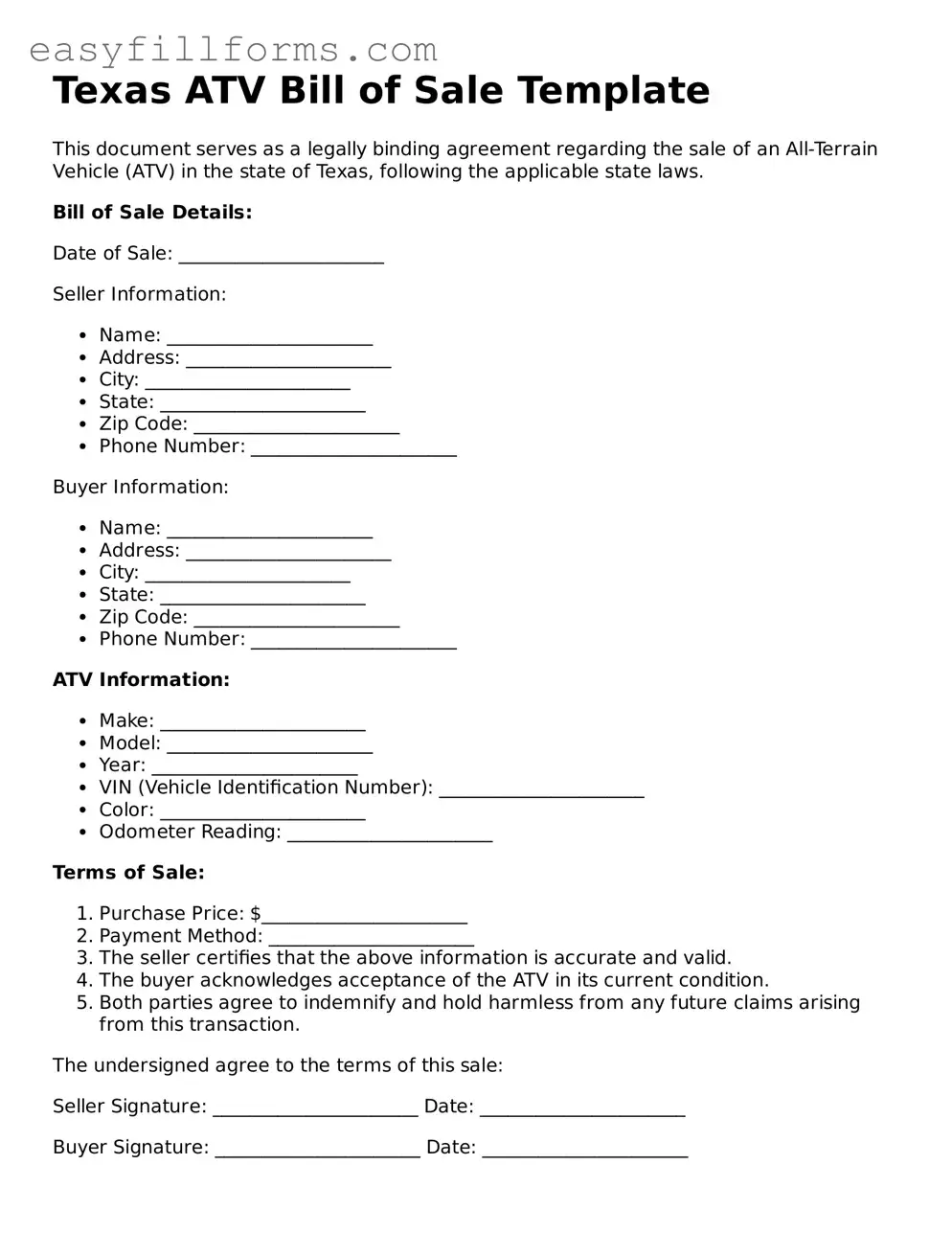 Valid  ATV Bill of Sale Template for Texas