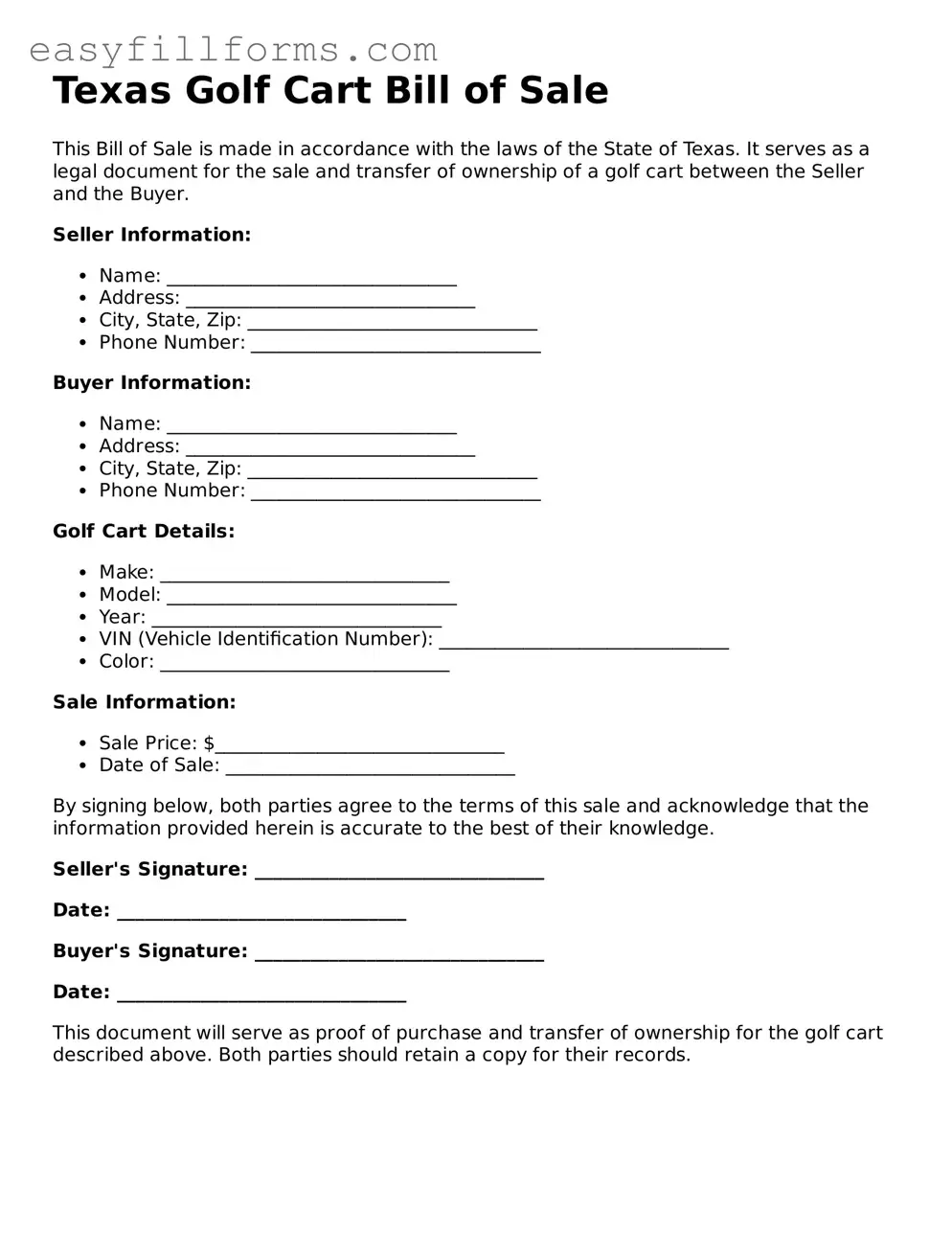Valid  Golf Cart Bill of Sale Template for Texas