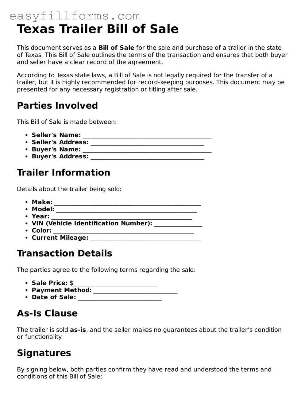 Valid  Trailer Bill of Sale Template for Texas