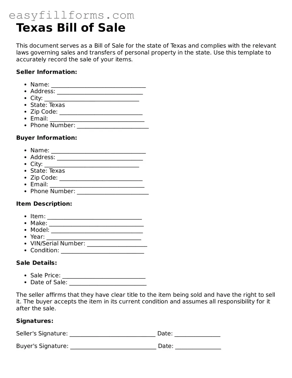 Valid  Bill of Sale Template for Texas