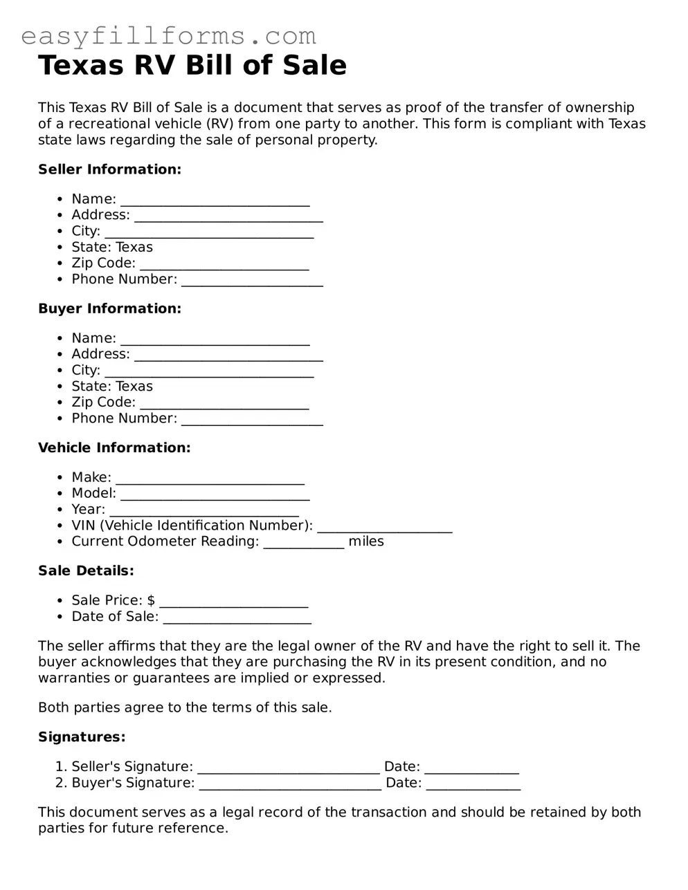 Valid  RV Bill of Sale Template for Texas