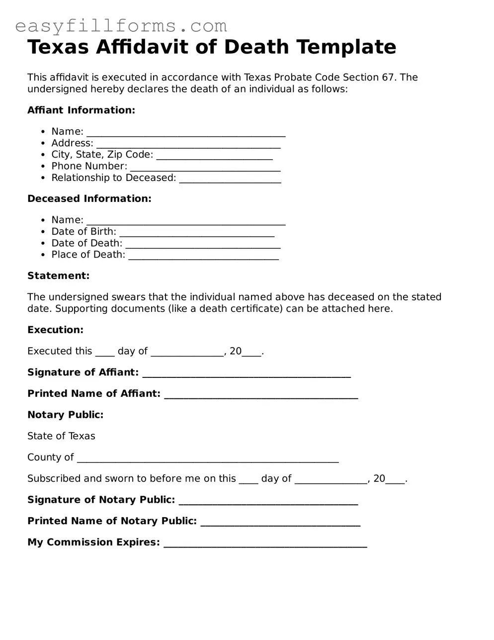 Valid  Affidavit of Death Template for Texas