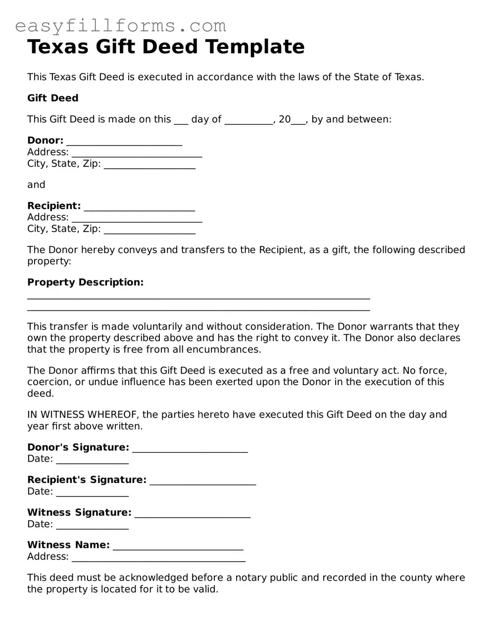 Valid  Gift Deed Template for Texas