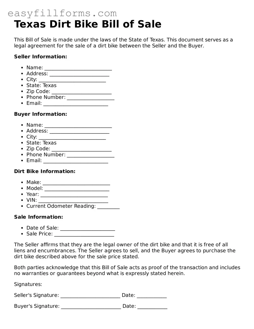 Valid  Dirt Bike Bill of Sale Template for Texas