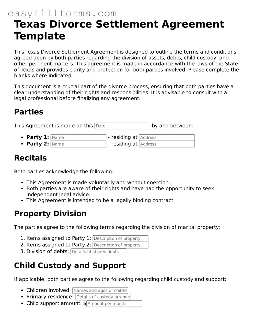 Valid  Divorce Settlement Agreement Template for Texas