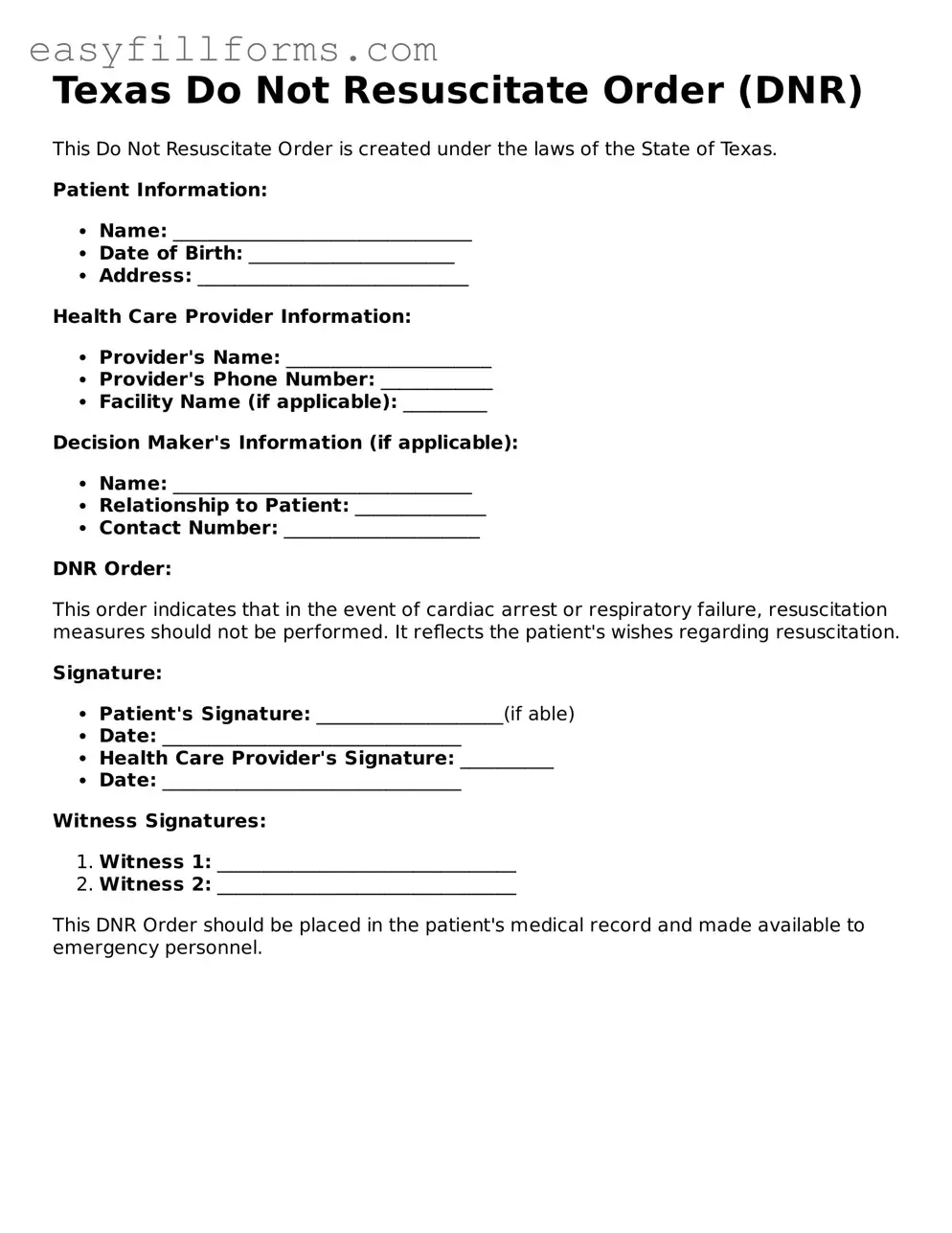 Valid  Do Not Resuscitate Order Template for Texas