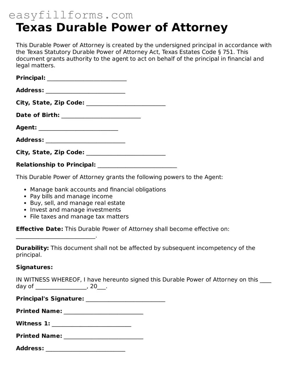 Valid  Durable Power of Attorney Template for Texas