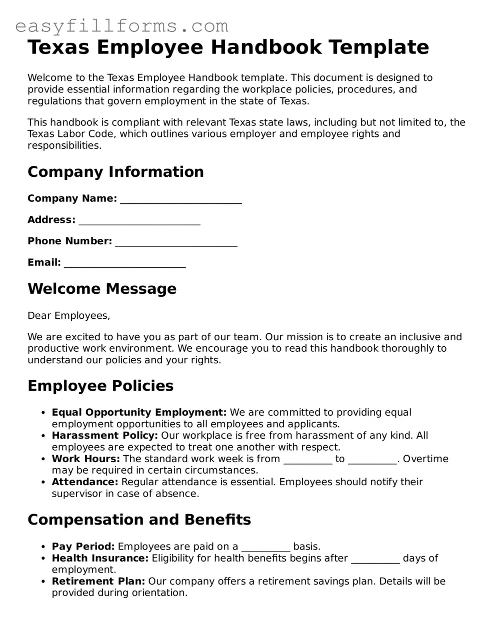 Valid  Employee Handbook Template for Texas
