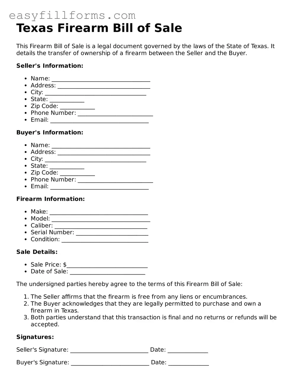 Valid  Firearm Bill of Sale Template for Texas