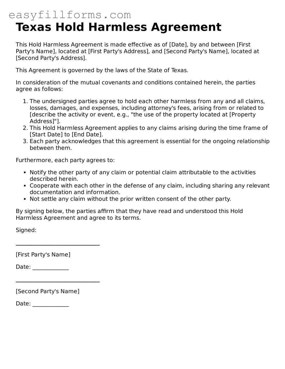 Valid  Hold Harmless Agreement Template for Texas