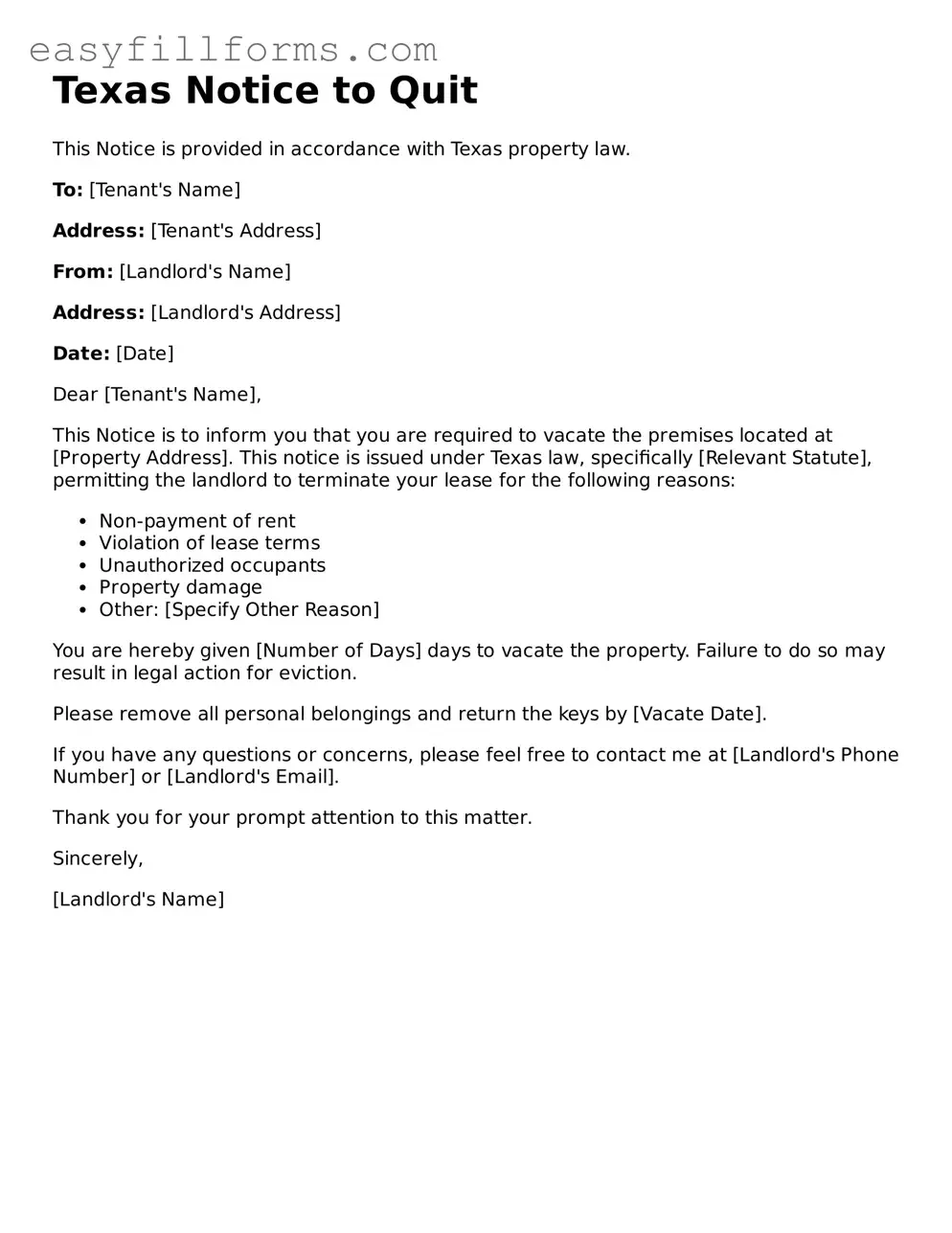 Valid  Notice to Quit Template for Texas