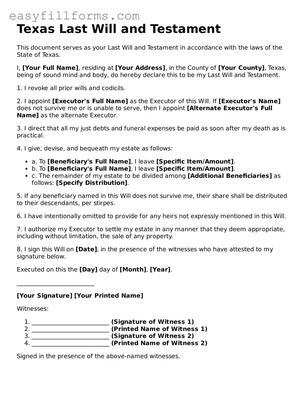 Valid  Last Will and Testament Template for Texas