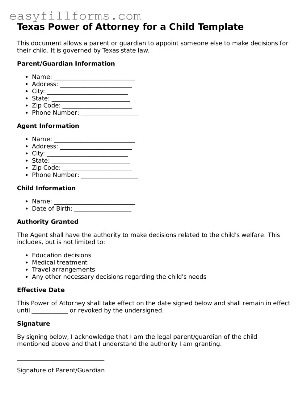 Valid  Power of Attorney for a Child Template for Texas