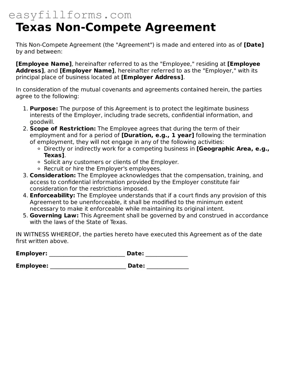 Valid  Non-compete Agreement Template for Texas