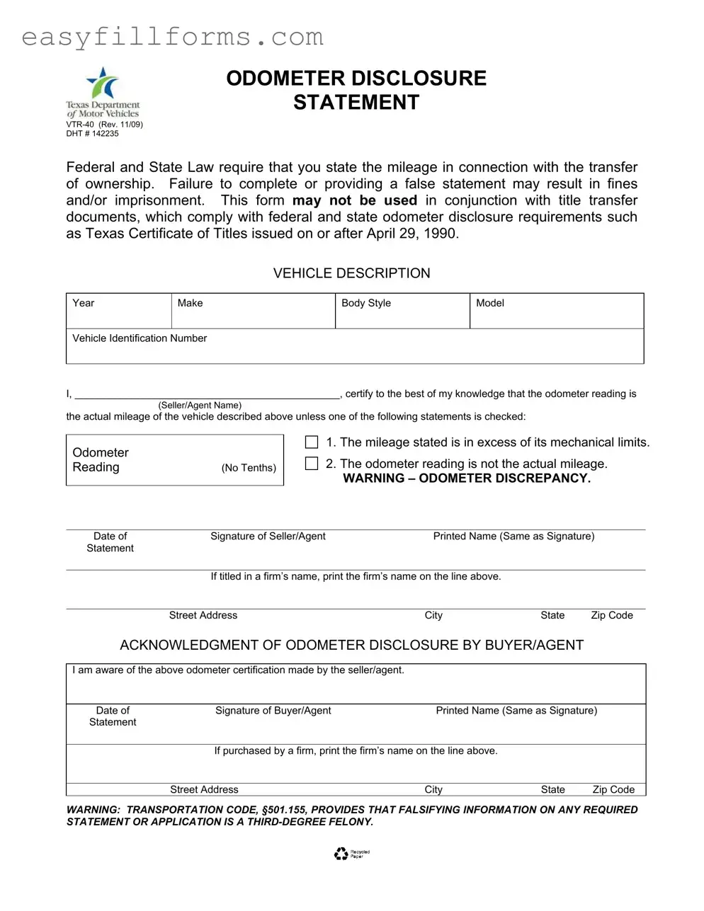 Printable Texas Odometer Statement Form