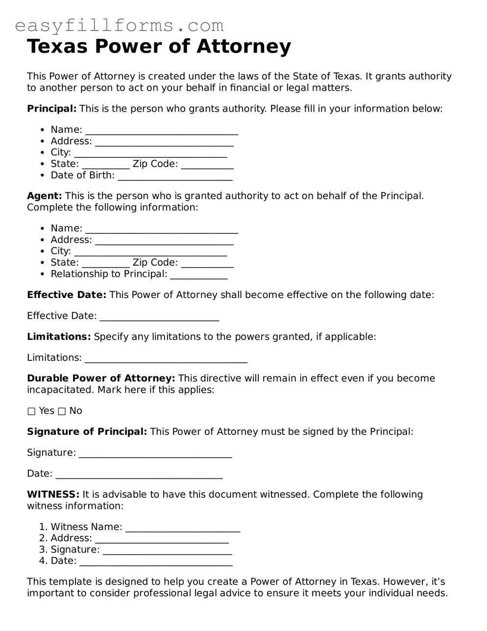 Valid  Power of Attorney Template for Texas