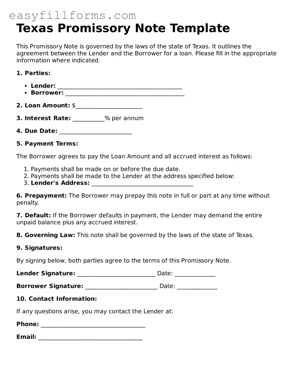 Valid  Promissory Note Template for Texas