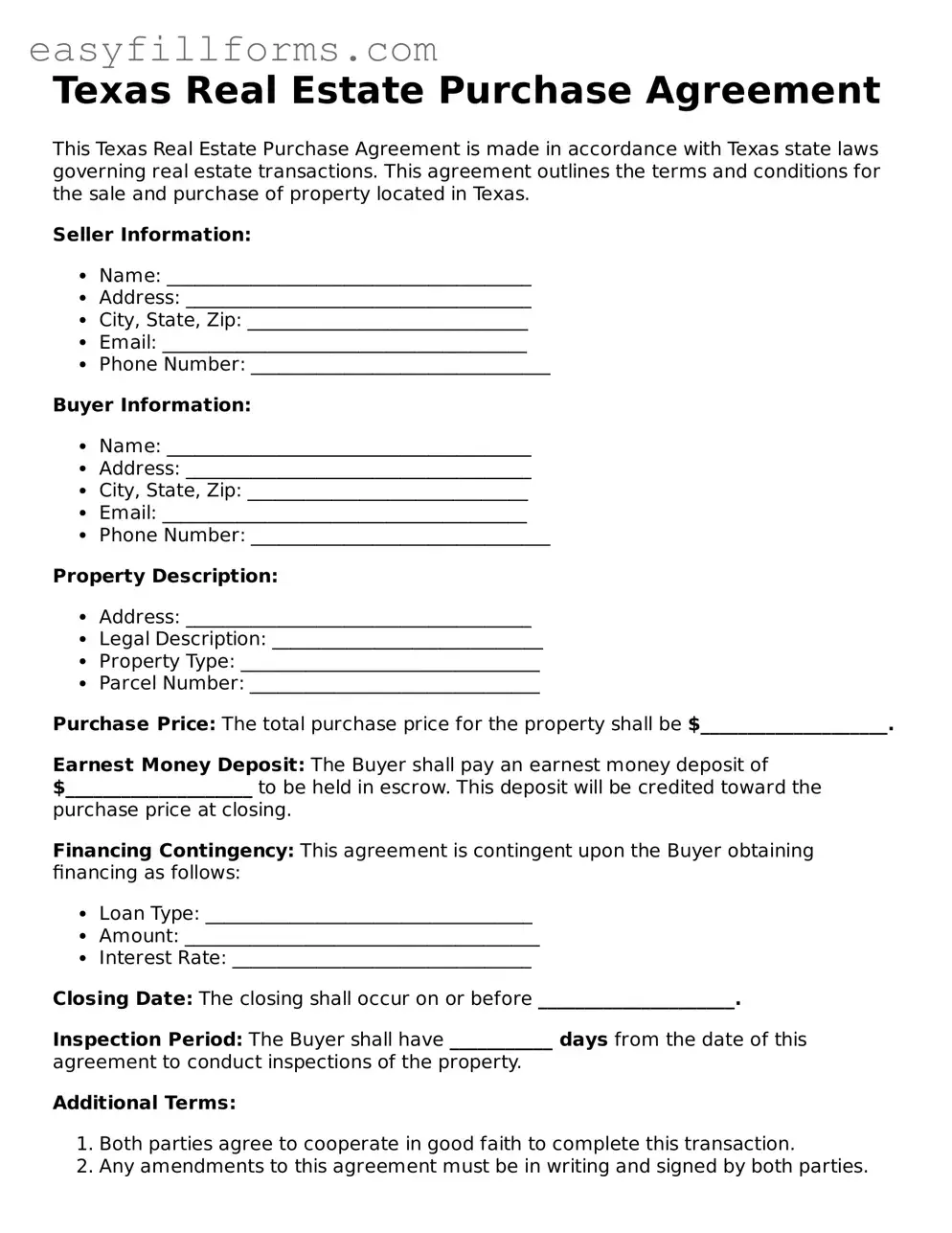 Valid  Real Estate Purchase Agreement Template for Texas