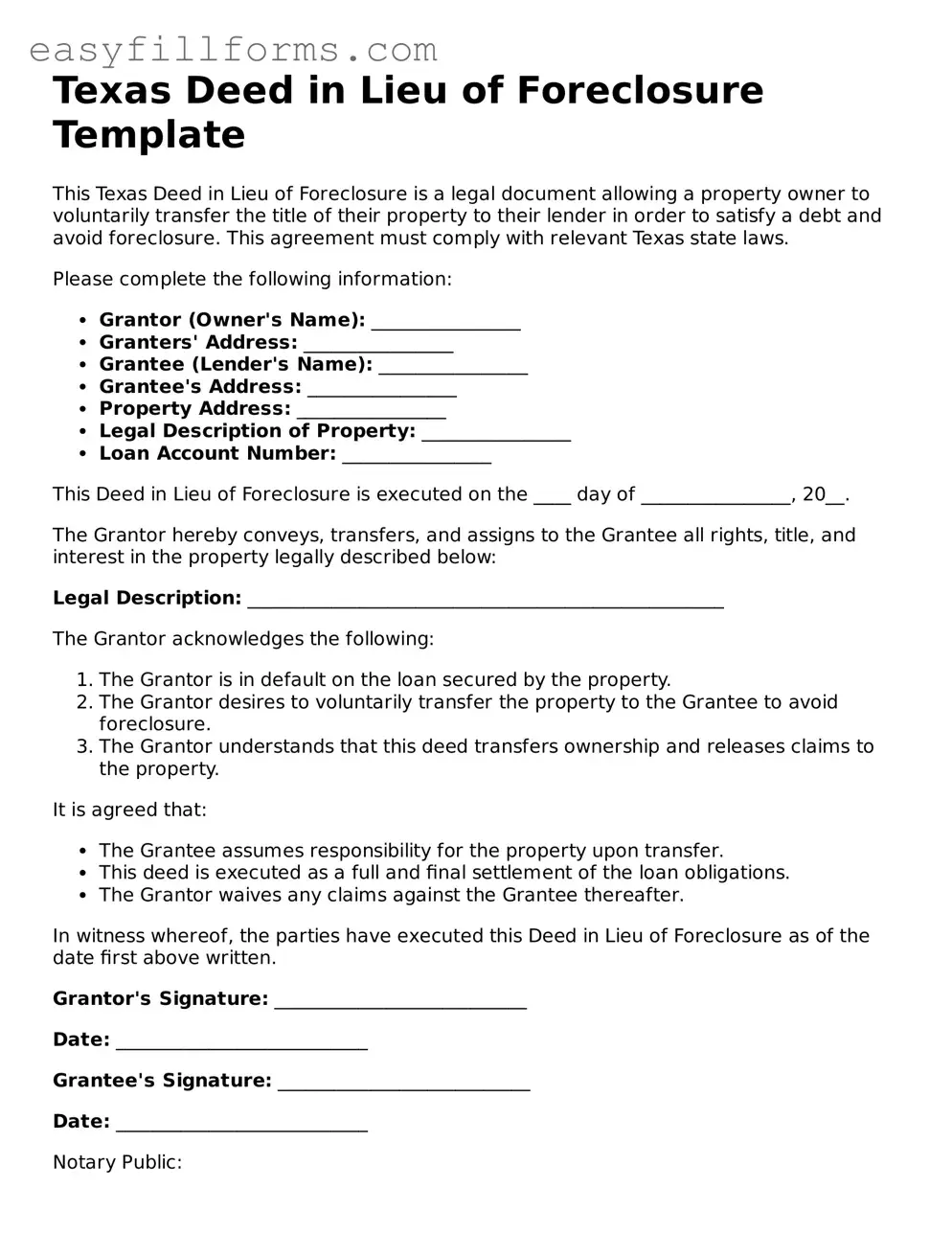 Valid  Deed in Lieu of Foreclosure Template for Texas