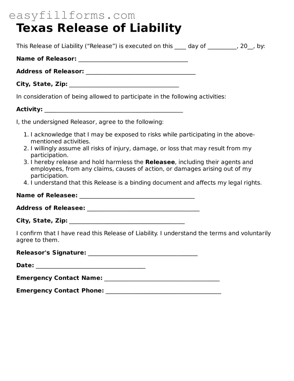 Valid  Release of Liability Template for Texas