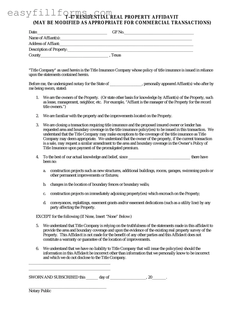 Printable Texas residential property affidavit T-47 Form
