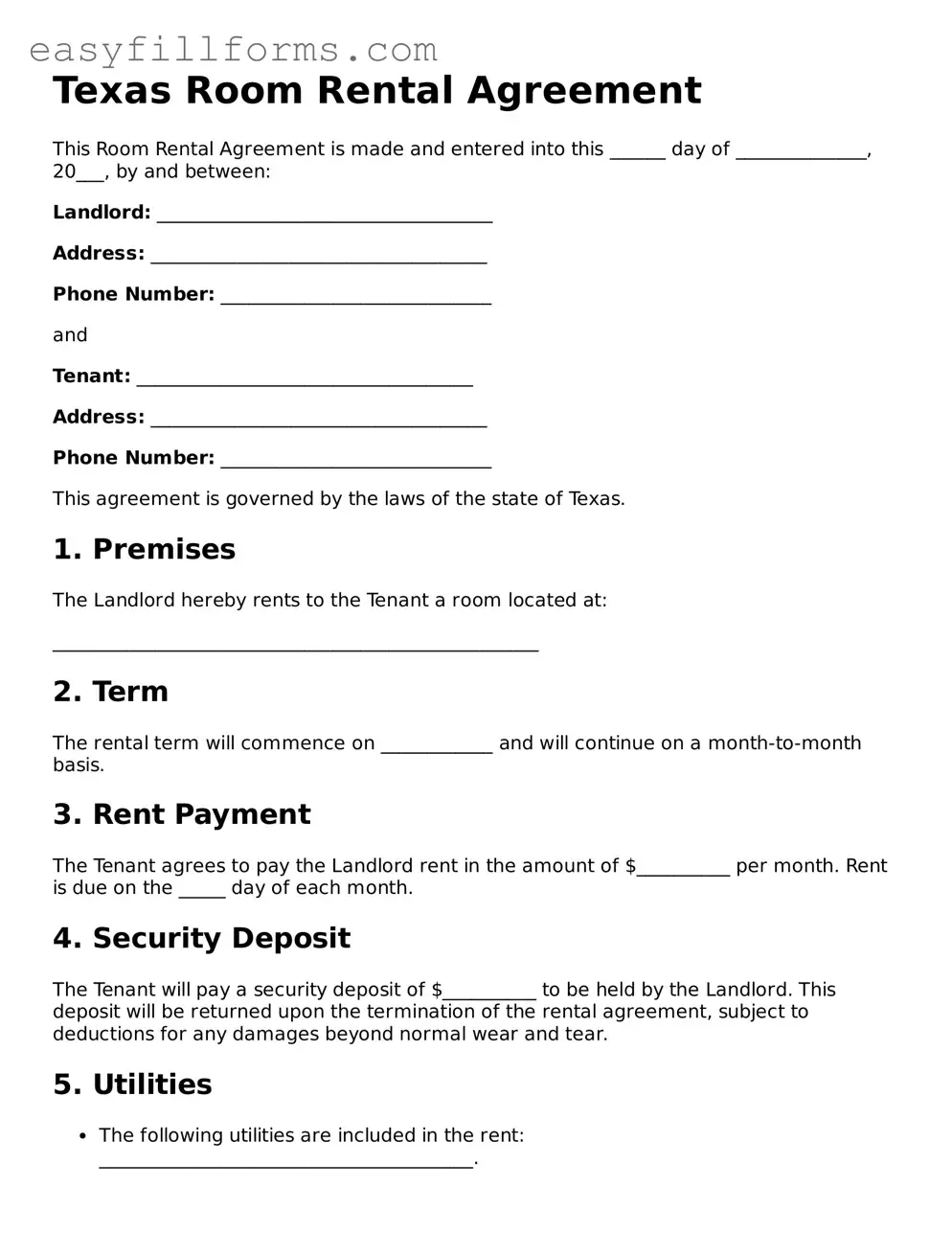 Valid  Room Rental Agreement Template for Texas
