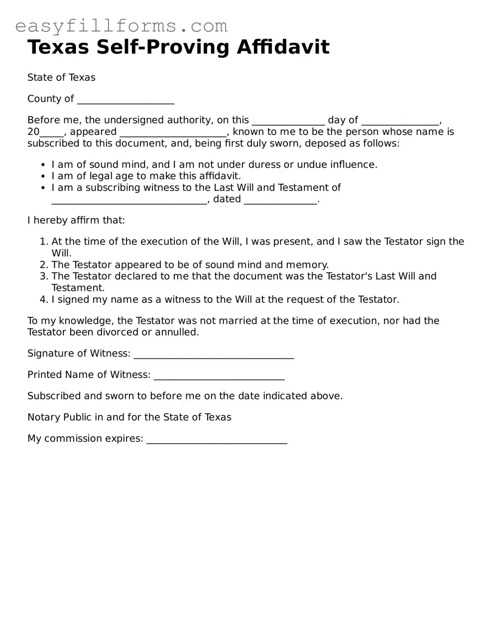 Valid  Self-Proving Affidavit Template for Texas