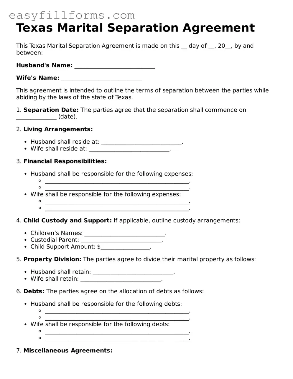 Valid  Marital Separation Agreement Template for Texas