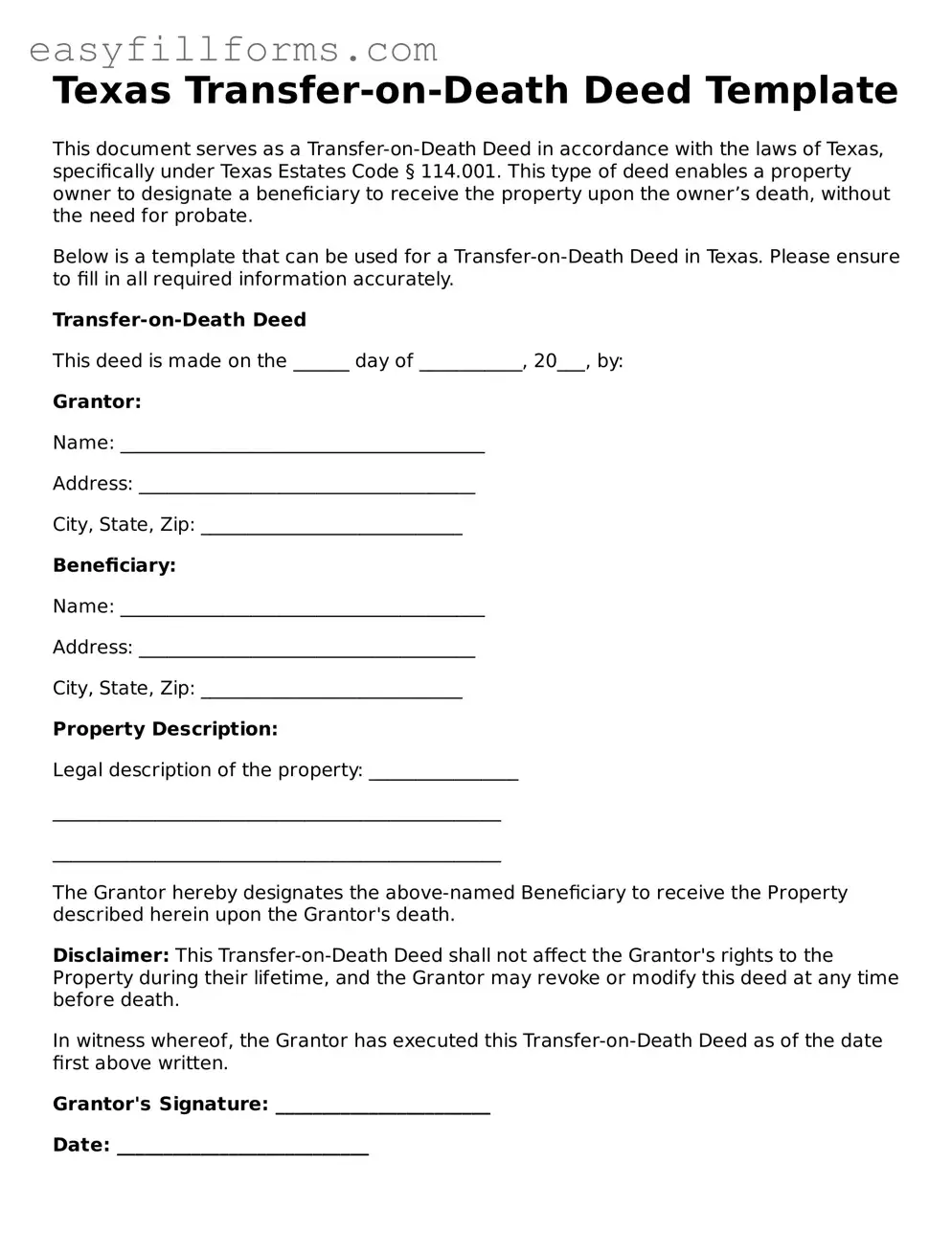 Valid  Transfer-on-Death Deed Template for Texas