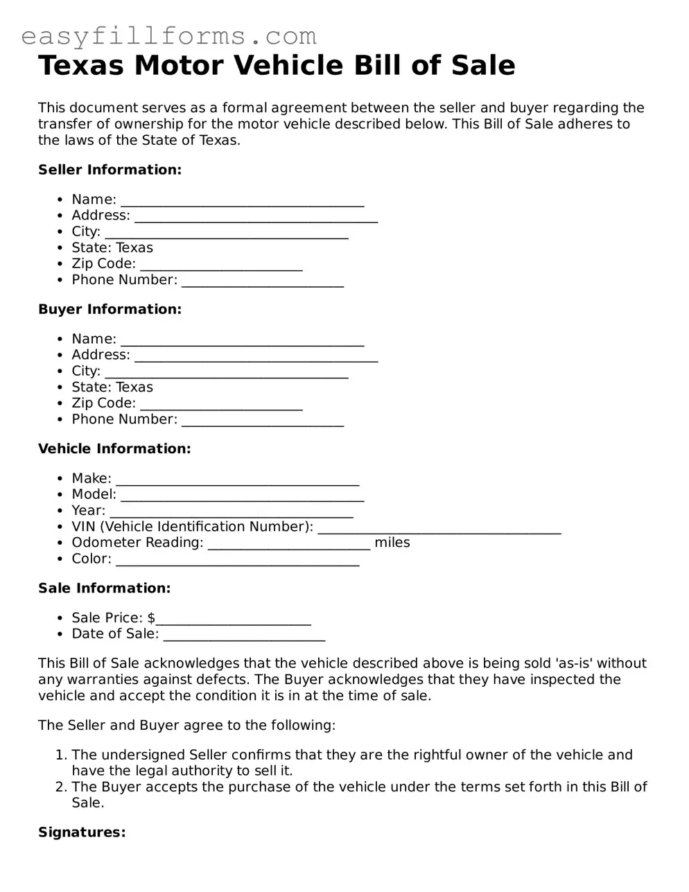 Valid  Motor Vehicle Bill of Sale Template for Texas