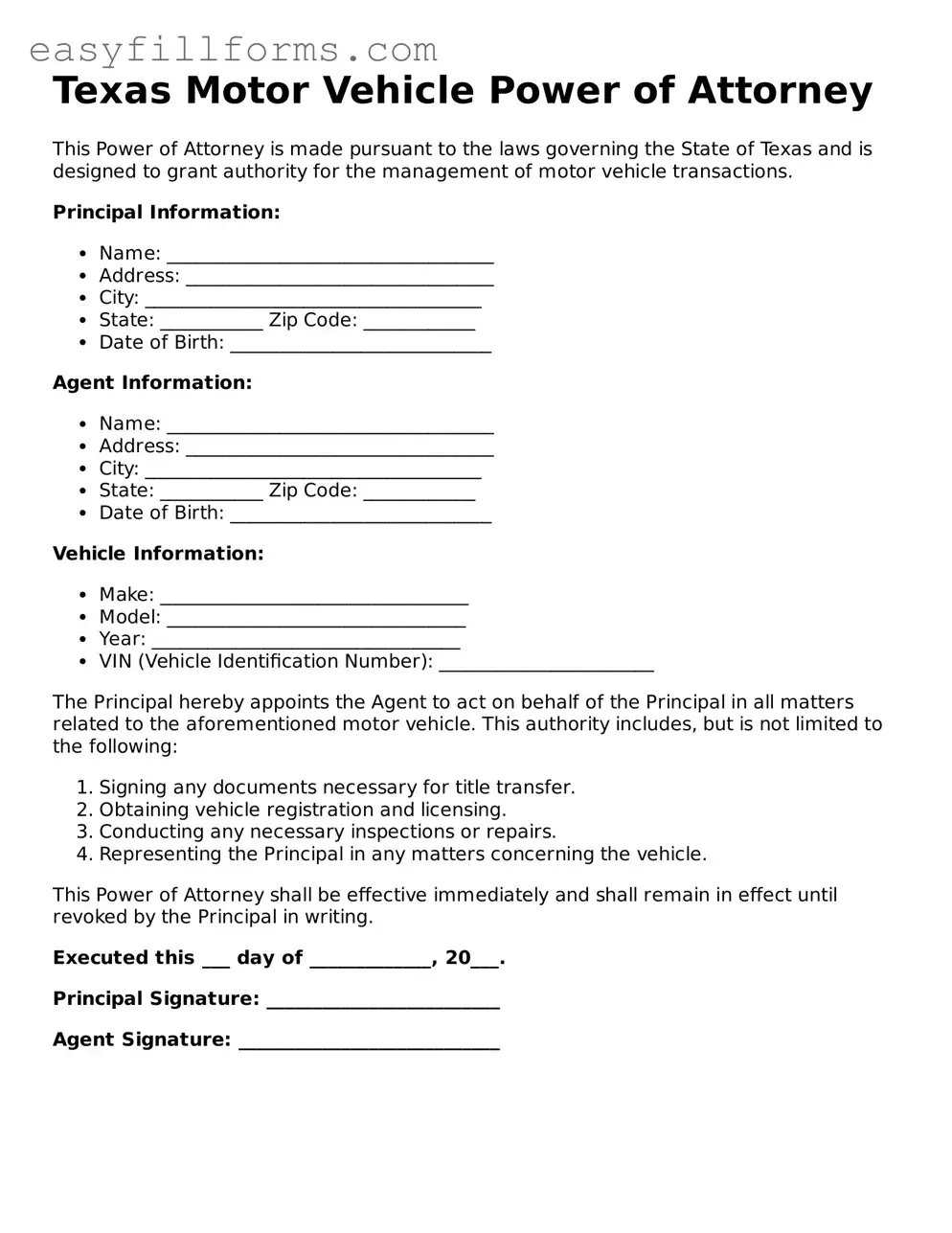 Valid  Motor Vehicle Power of Attorney Template for Texas