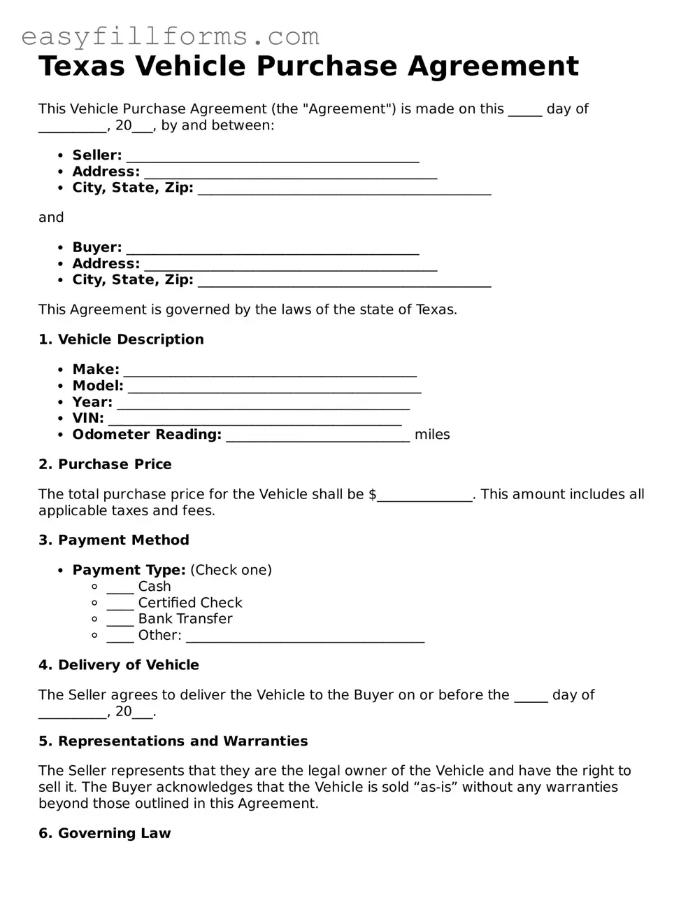 Valid  Vehicle Purchase Agreement Template for Texas