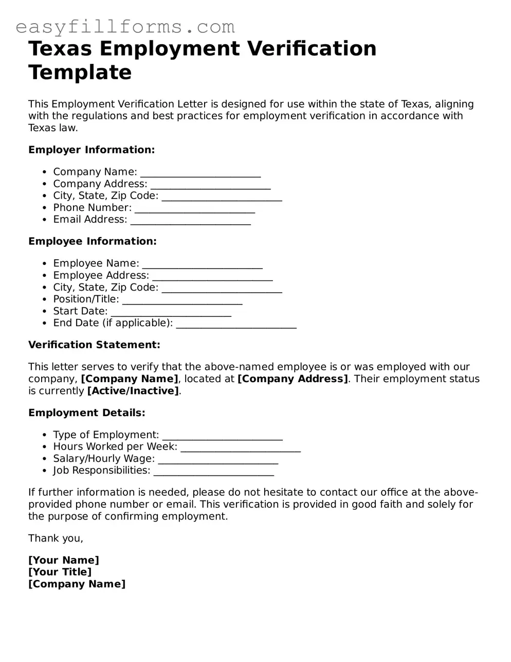 Valid  Employment Verification Template for Texas